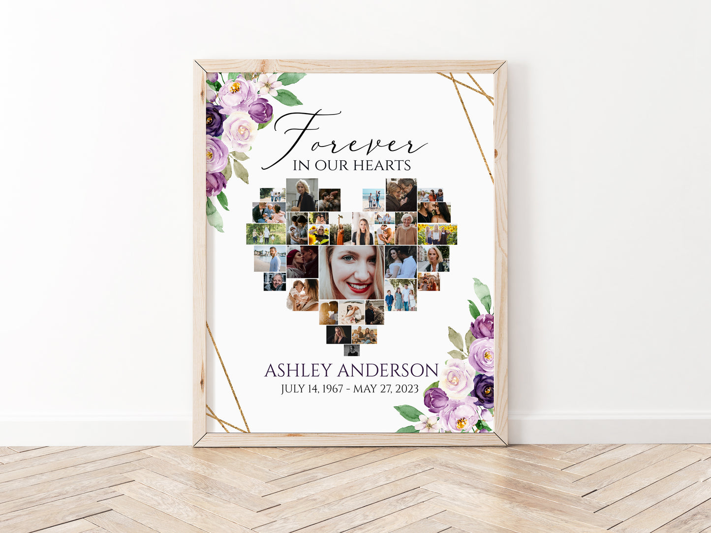 Celebration Of Life Heart Funeral Welcome Sign Editable Purple Floral Hearts Memorial Photo Collage Poster Forever in our Hearts Memory Sign p1