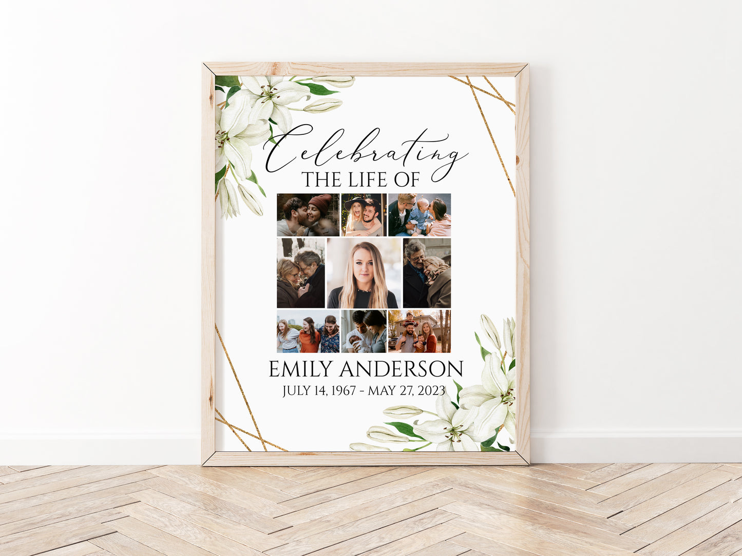 Celebration Of Life White Lilies Greenery Gold Photo Collage Funeral Welcome Sign Template, Editable White Lilies Photo Collage Funeral Poster, Photo Memorial Sign