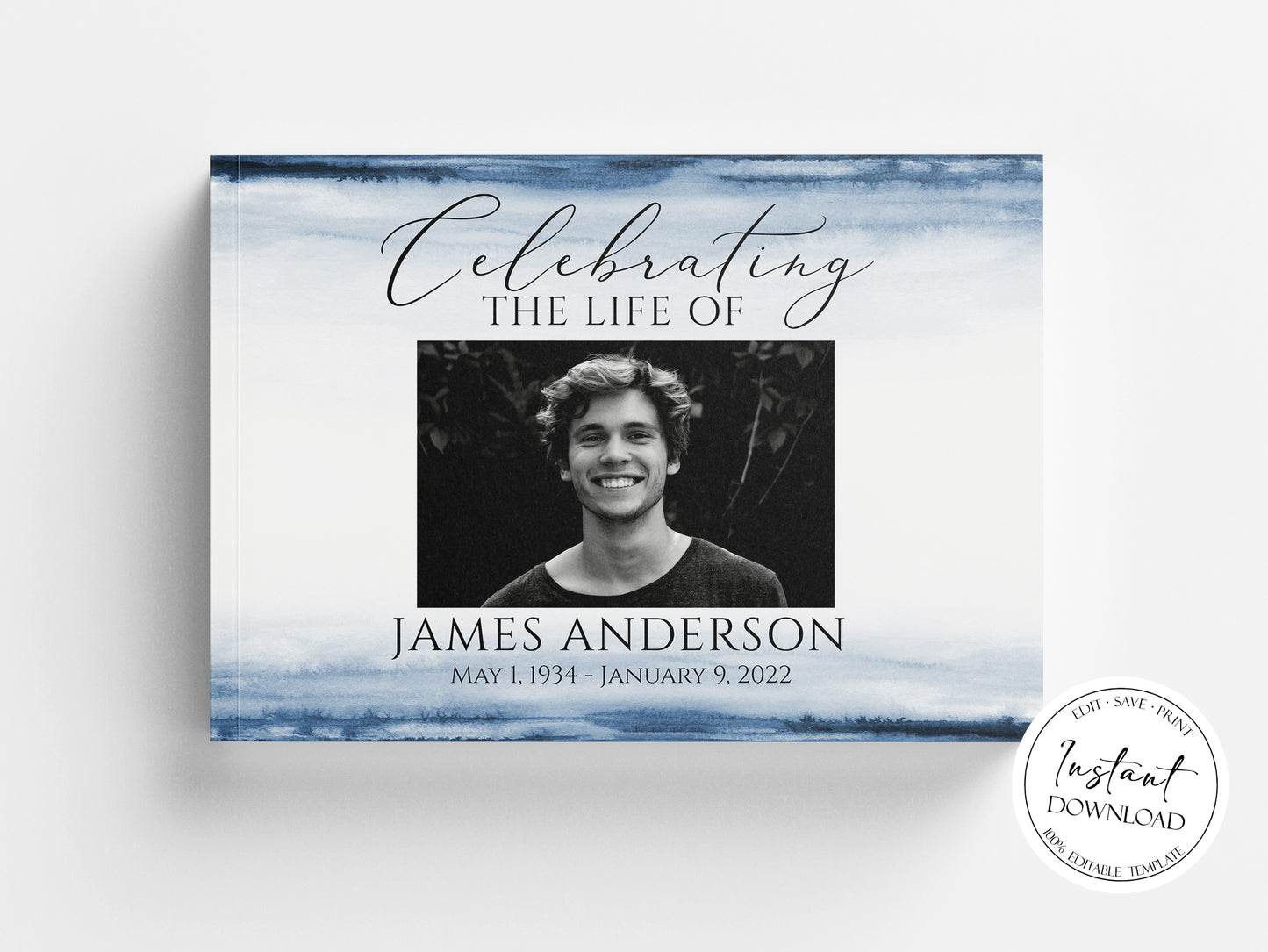 Celebration of life Blue Watercolor Funeral Guest Book Template, Printable Ocean Watercolor Remembrance Memorial Guest Book Condolence Book, Instant Down
