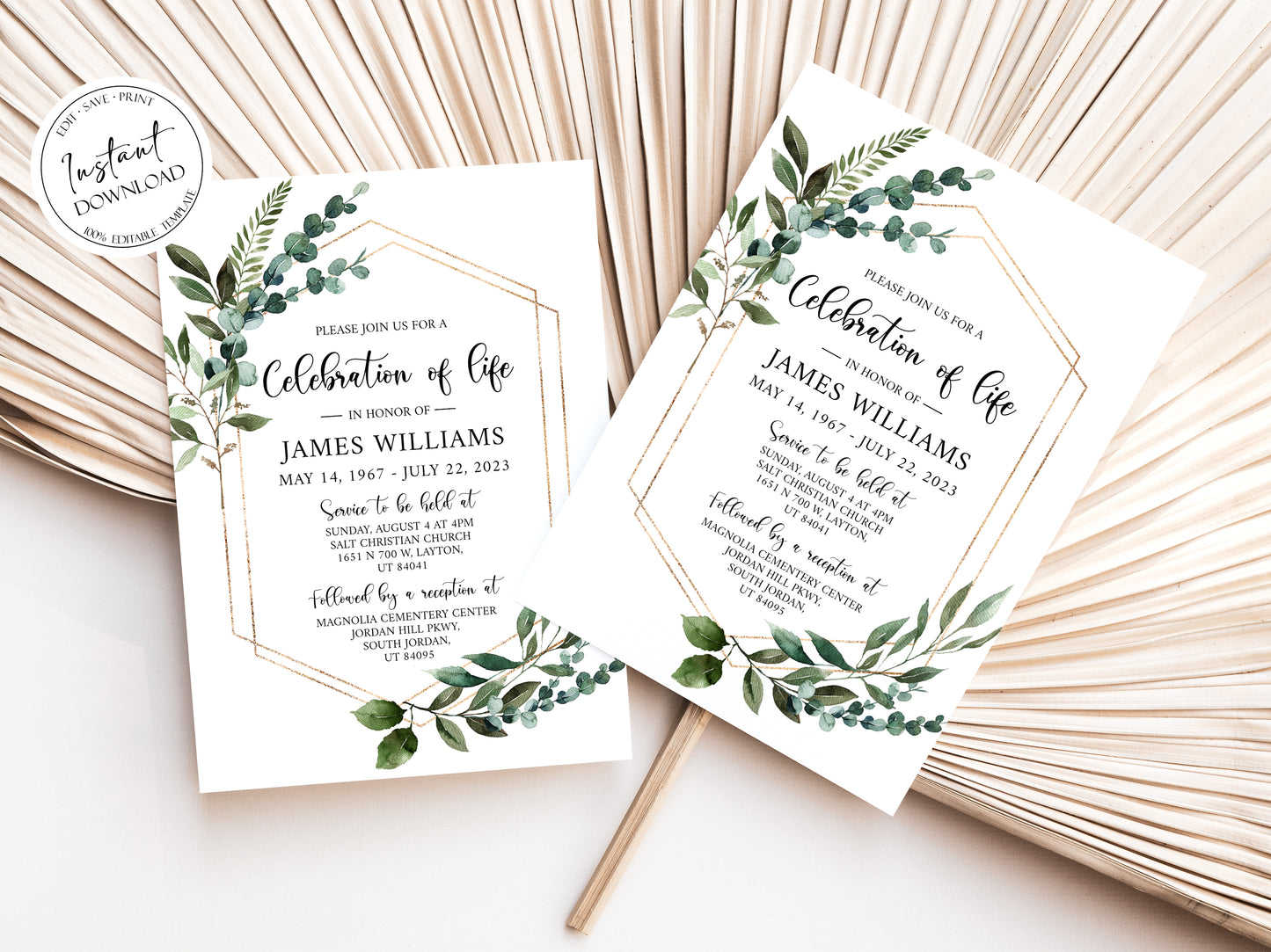 Celebration of life Watercolor Greenery Gold Funeral Invitation Template, Funeral Announcement Funeral Card Template, Memorial Service Invitation Q1
