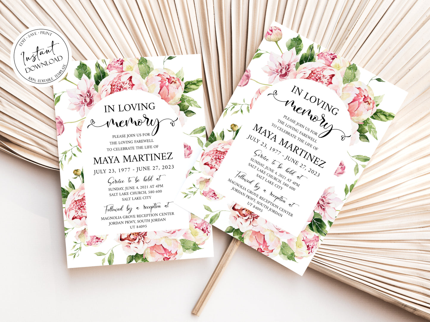 Celebration of life Blush Pink Peony Greenery Funeral Invitation Template, Funeral Announcement, Funeral Card Template, Printable Pink Floral Memorial Invite P5