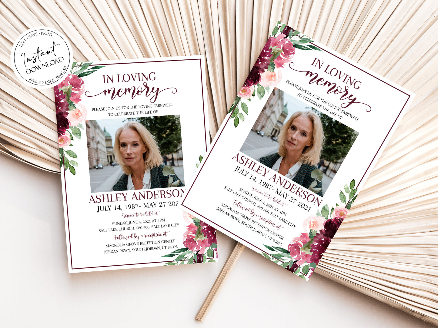Celebration of life, Burgundy Funeral Invitation, Funeral Announcement, Red Roses Funeral Cards, Printable Red Roses Memorial Invitation, R3