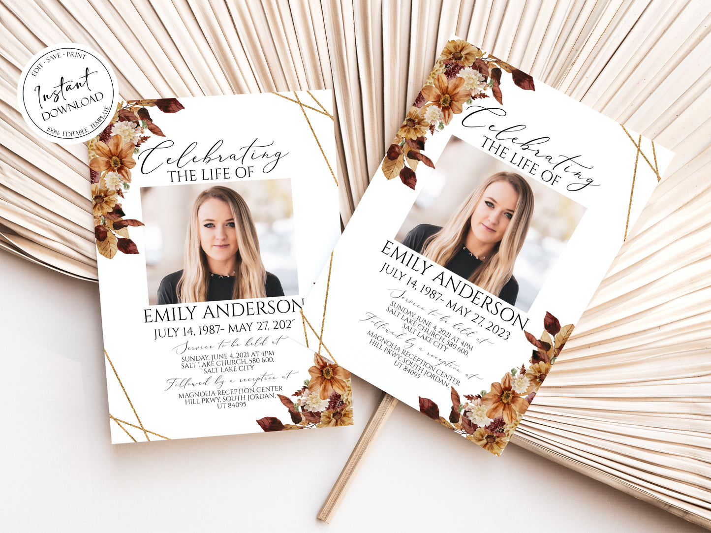 Celebration of life Orange Brown Dried Leaves Fall Funeral Invitation Template, Autumn Funeral Announcement, Funeral Card Template Printable Memorial Service Invite F3