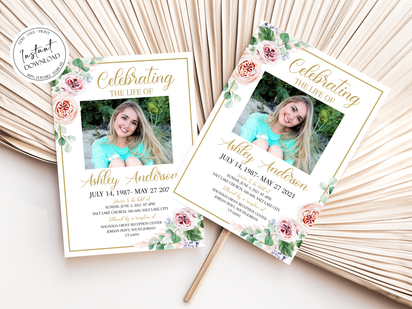 Celebration of life Funeral Invitation, Floral Funeral Invite, Pink Roses Funeral Announcement Funeral Card Printable Memorial Invitation F1