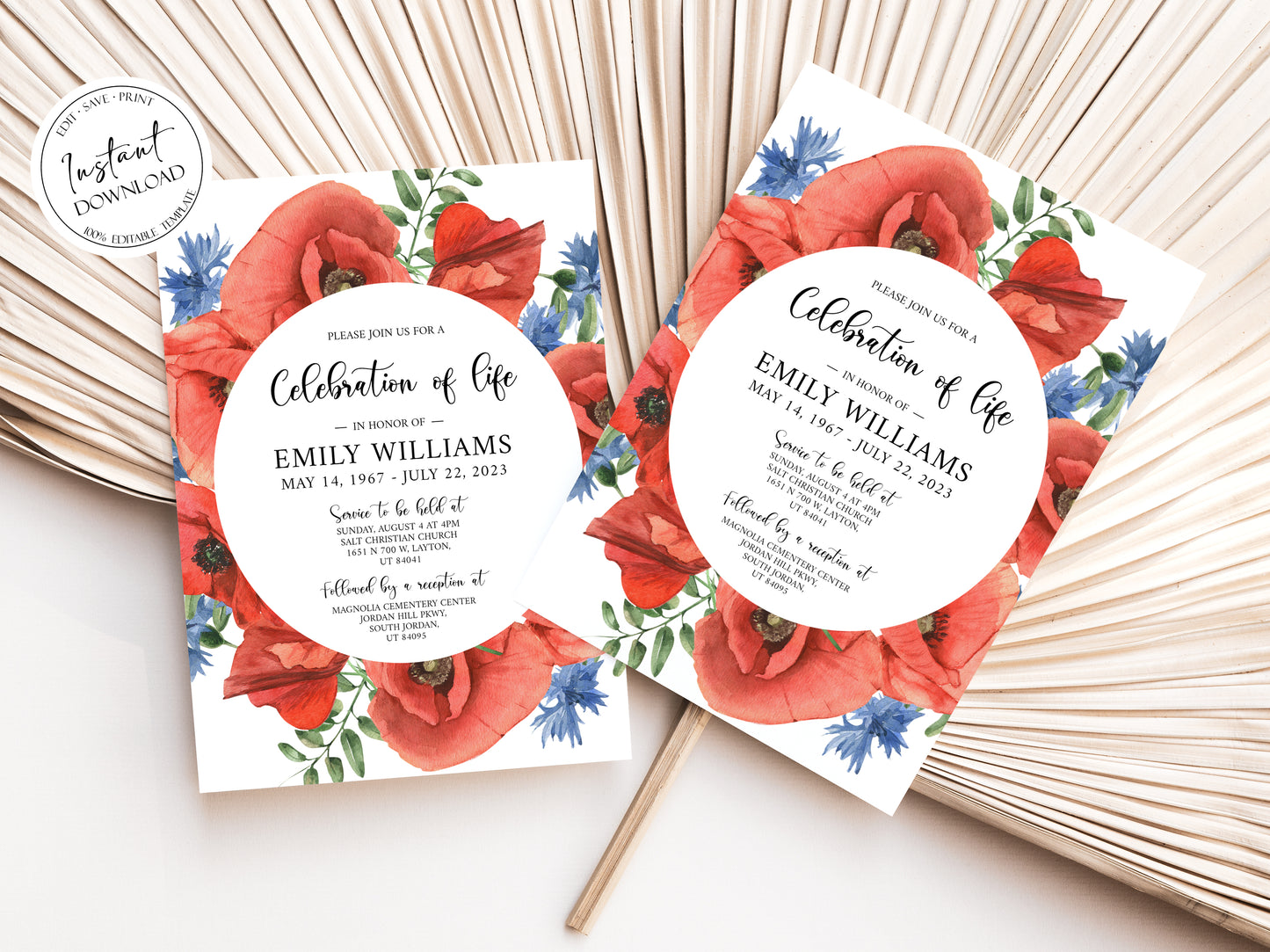 Celebration of life Red Poppies Greenery Funeral Invitation Template, Red Poppies Funeral Invite, Red Poppies Funeral Announcement, Funeral Card Template, Red Poppies Floral Memorial Service Invitation