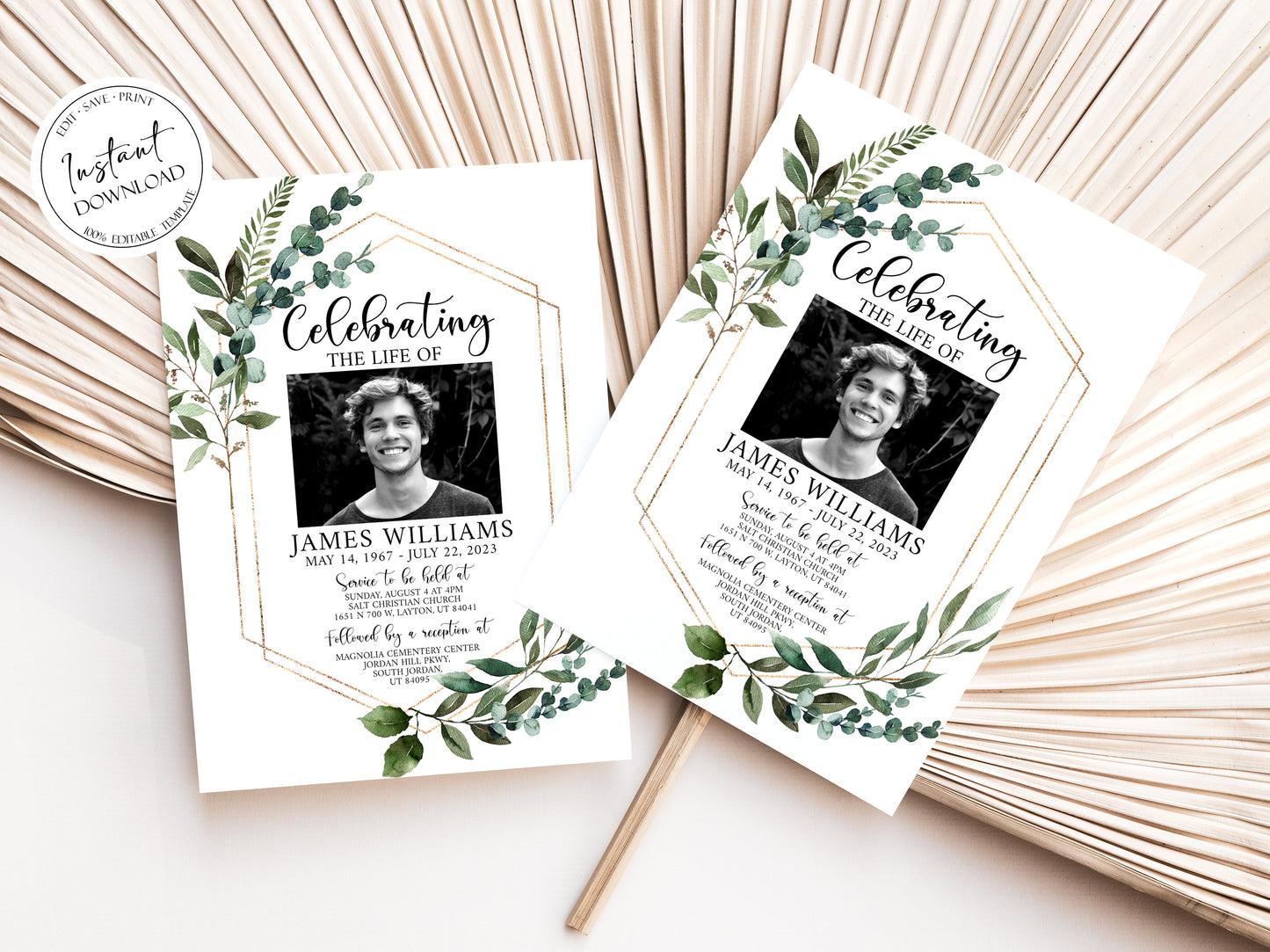Celebration of life Watercolor Greenery Gold Funeral Invitation Template, Funeral Announcement Funeral Card Template, Memorial Service Invitation Q1