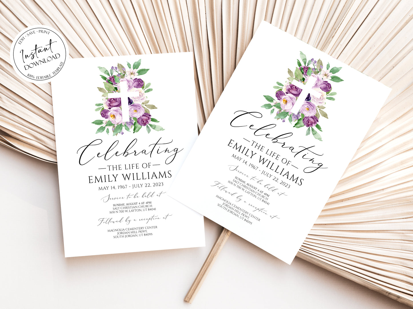 Celebration of life Invitation, Purple Flower Cross Funeral Invitation, Purple Funeral Announcement Card Template Memorial Service Invite P1