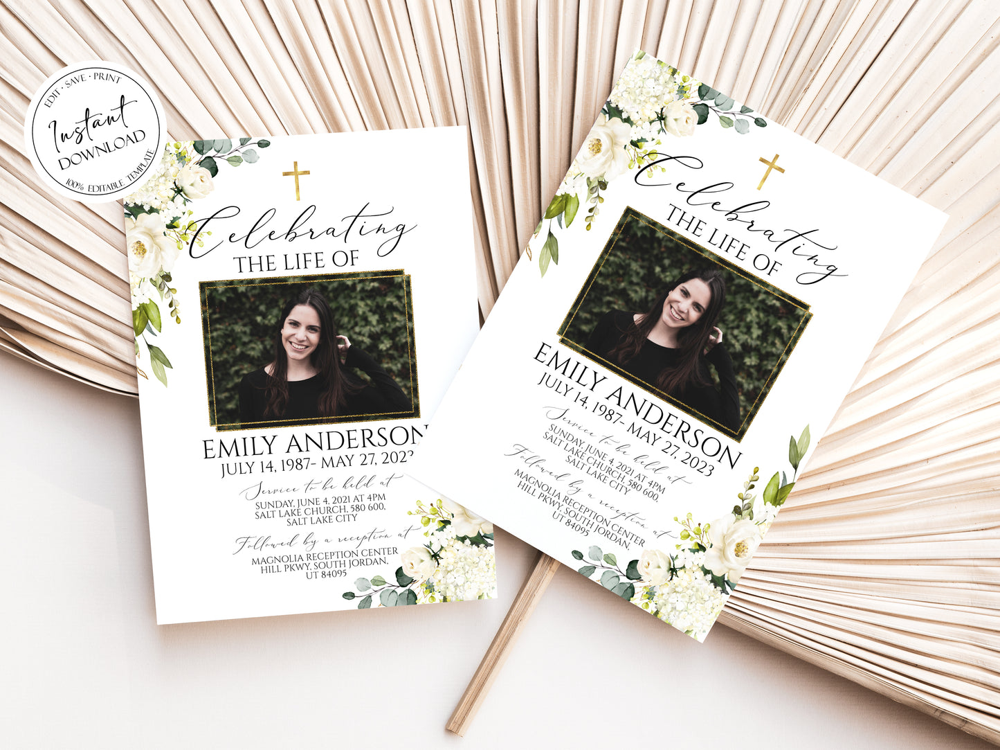 Celebration of life White Greenery Floral Gold Cross Funeral Invitation Template, Funeral Announcement, Printable White Greenery Floral Gold Cross Memorial Service Invitation