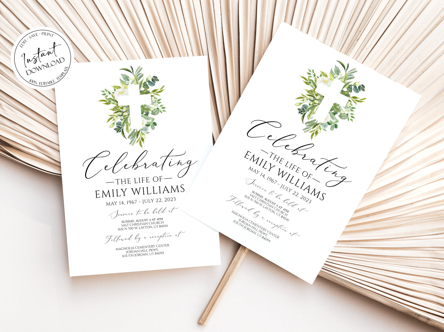 Celebration of life Watercolor Greenery Cross Funeral Invitation Template, Greenery Cross Funeral Invitation, Watercolor Greenery Cross Funeral Announcement Card