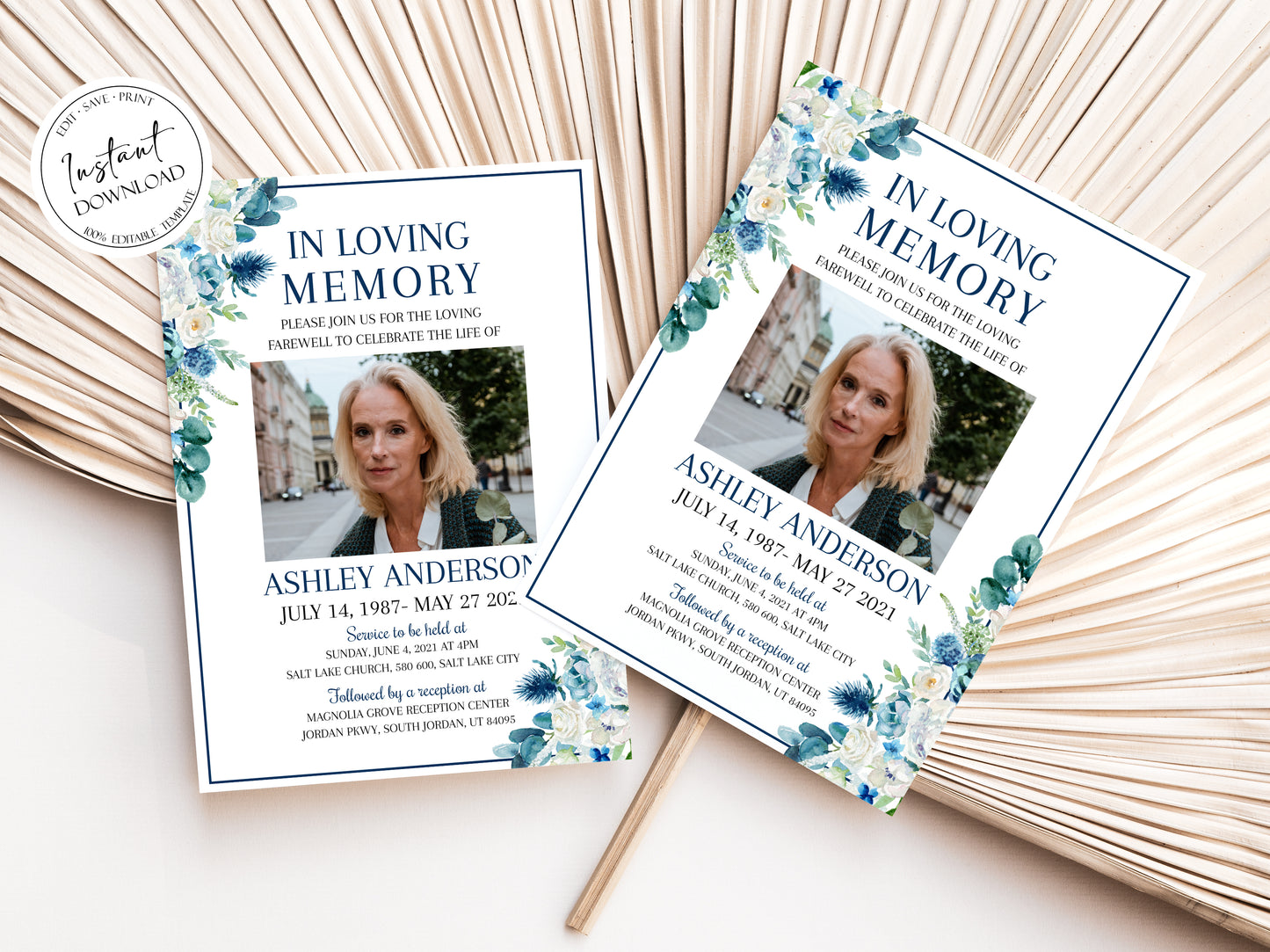 In Loving Memory Blue White Floral Funeral Invitation Template Blue Floral Funeral Announcement, Blue Funeral Card Template, Printable Memorial Service B1