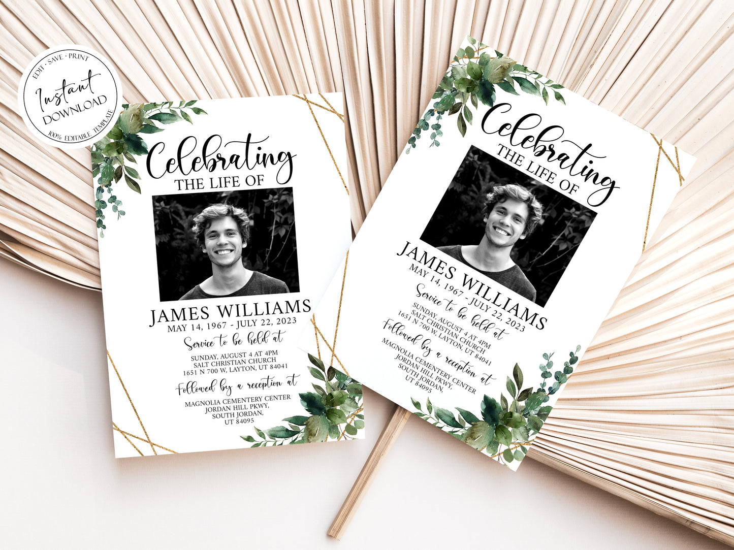 Celebration of life Watercolor Greenery Gold Funeral Invitation Template, Funeral Announcement, Funeral Cards Template, Printable Greenery Memorial Invitation Q1