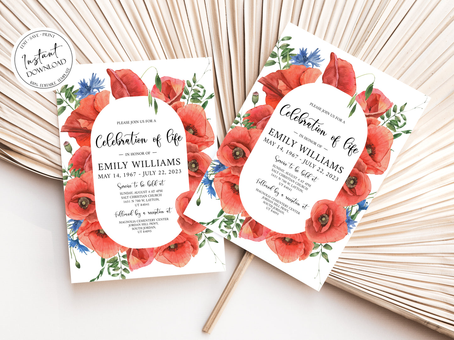 Celebration of life Red Poppies Greenery Funeral Invitation Template, Red Poppies Funeral Invite, Red Poppies Funeral Announcement, Funeral Card Template, Red Poppies Floral Memorial Service Invitation