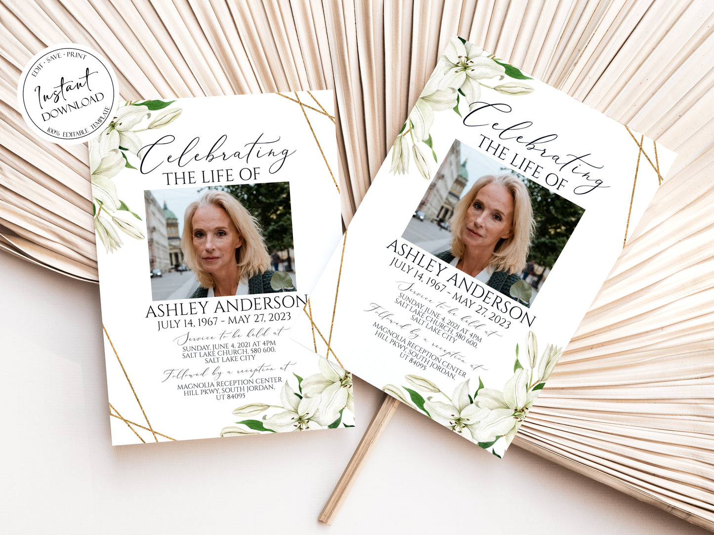 Celebration of life White Lilies Greenery Gold Funeral Invitation Template, White Lilies Funeral Announcement, Funeral Card Template, White Lilies Memorial Service Invitation