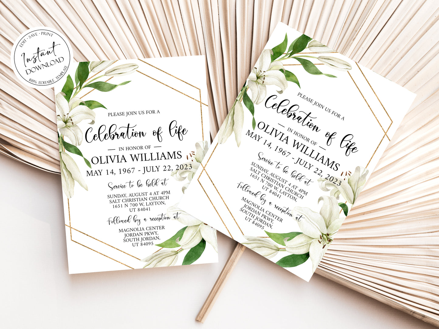 Celebration of life White Lilies Greenery Gold Funeral Invitation Template, White Lilies Funeral Announcement, Funeral Card Template, White Lilies Memorial Service Invitation