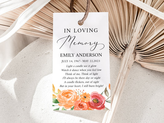 In Loving Memory Orange Floral Gold Fall Funeral Favor Tag Template, Memorial Favor Tag, Orange Red Roses In Loving Memory Favor Tag