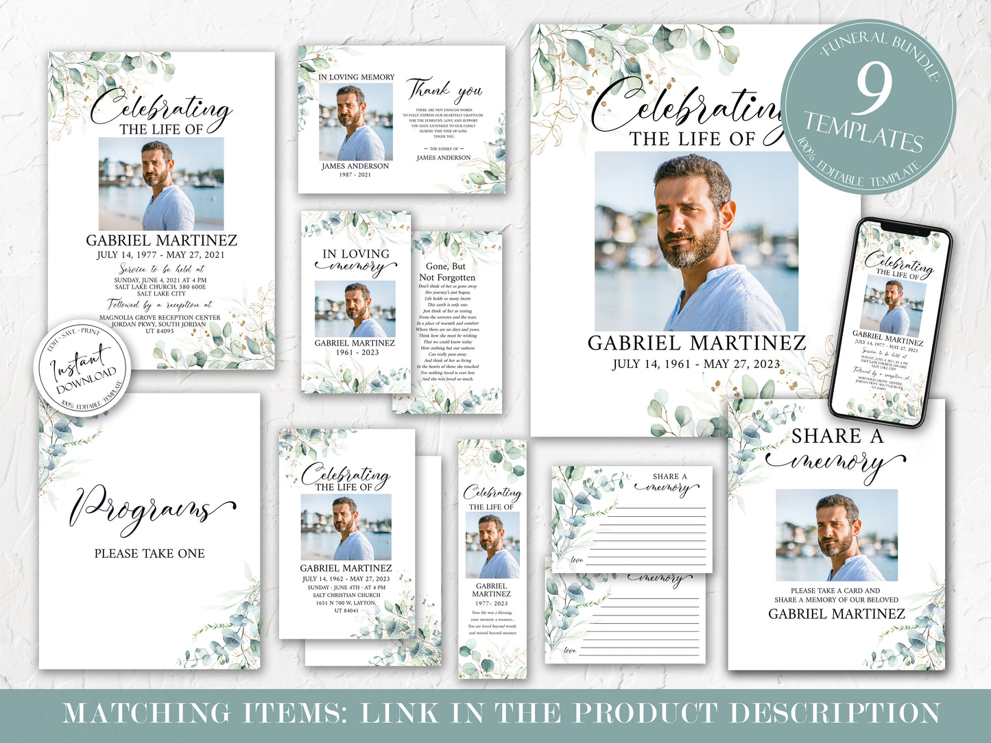 Celebration of Life Watercolor Greenery Gold Funeral Program Template. Funeral Brochure, Editable Greenery Memorial Program, Greenery Obituary Program G1
