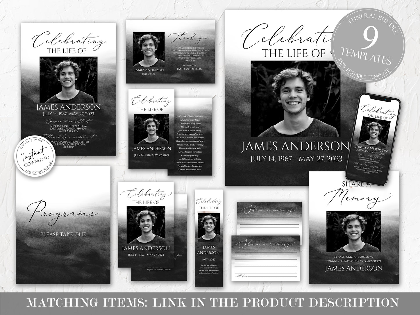 Celebration of Life Black Watercolor Funeral Program Template, Black Watercolor Funeral Brochure, Black Memorial Program, Black Obituary Program for men B6ň