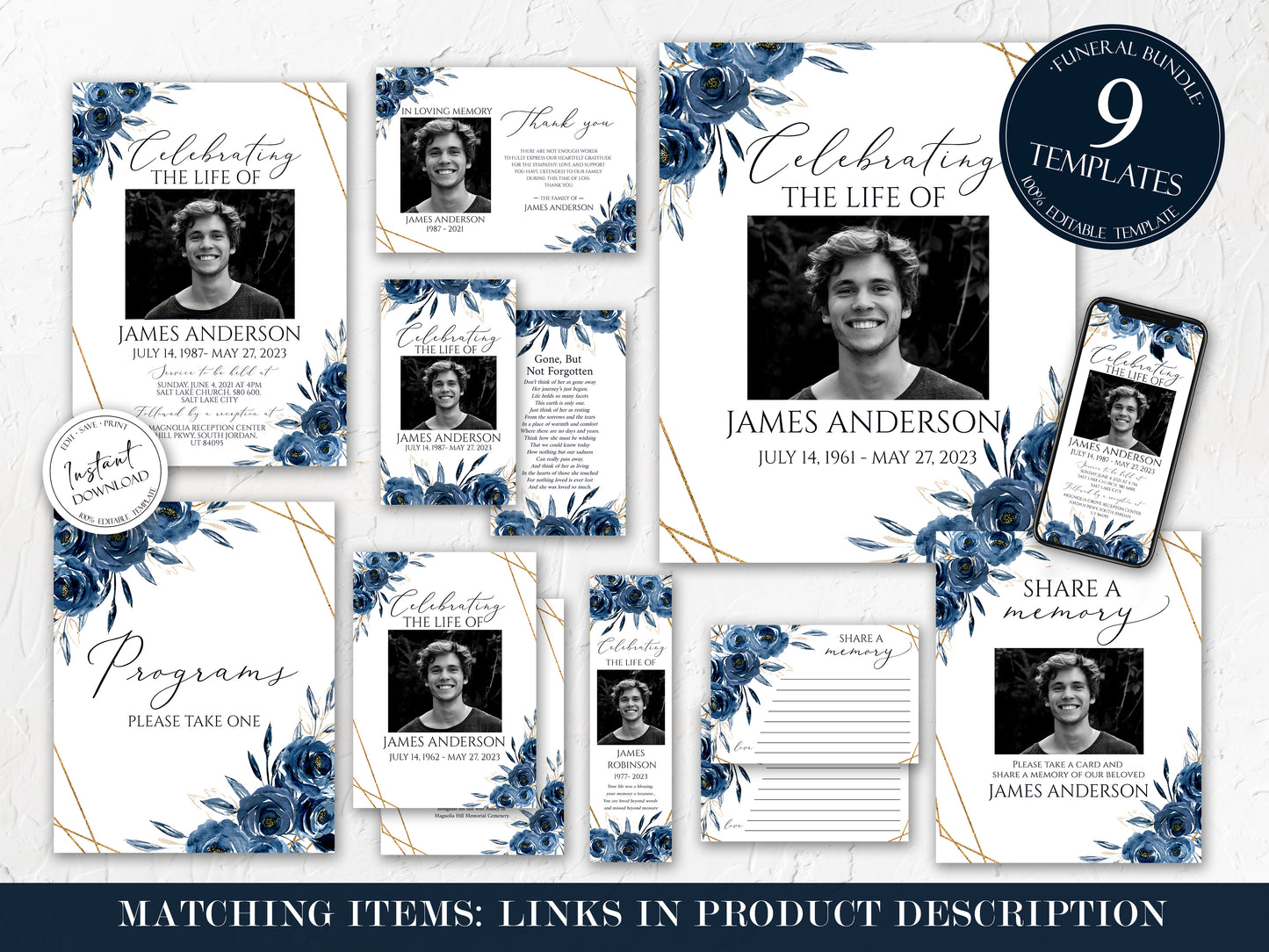 11x17 Celebration Of Life Royal Blue Flowers Gold Funeral Program Template, Blue Funeral Brochure, Blue Memorial Program, Obituary Program, Funeral program template for man B2