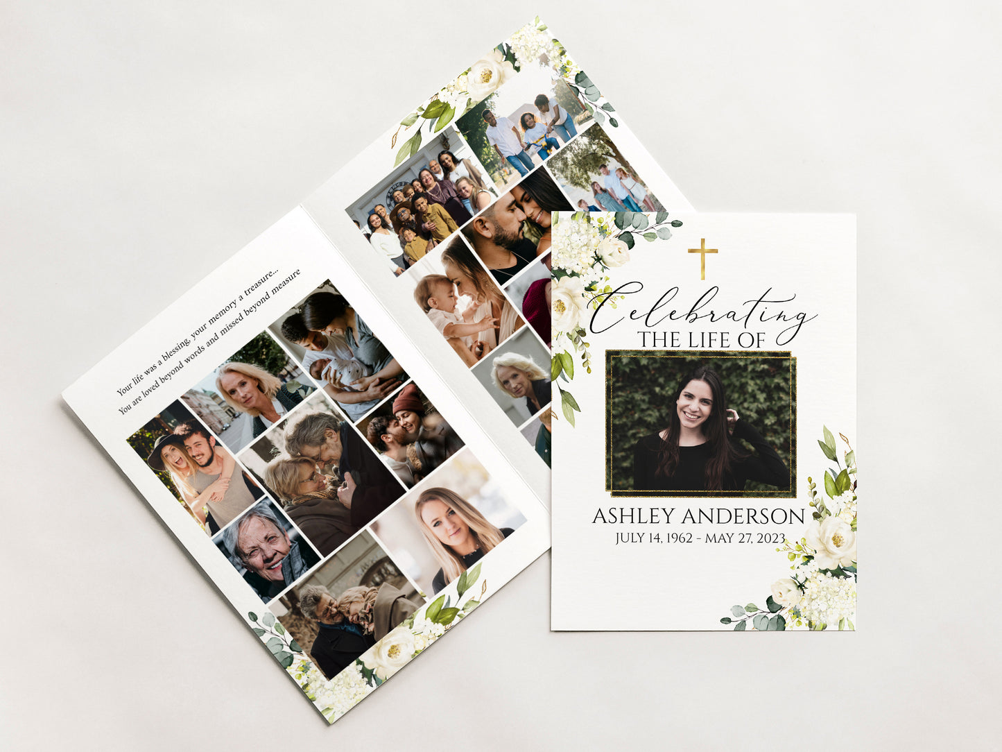 Celebration of Life 8 Page White Greenery Floral Gold Cross Funeral Program Template, Gold Cross Memorial Program, Obituary Program Funeral Mass Program