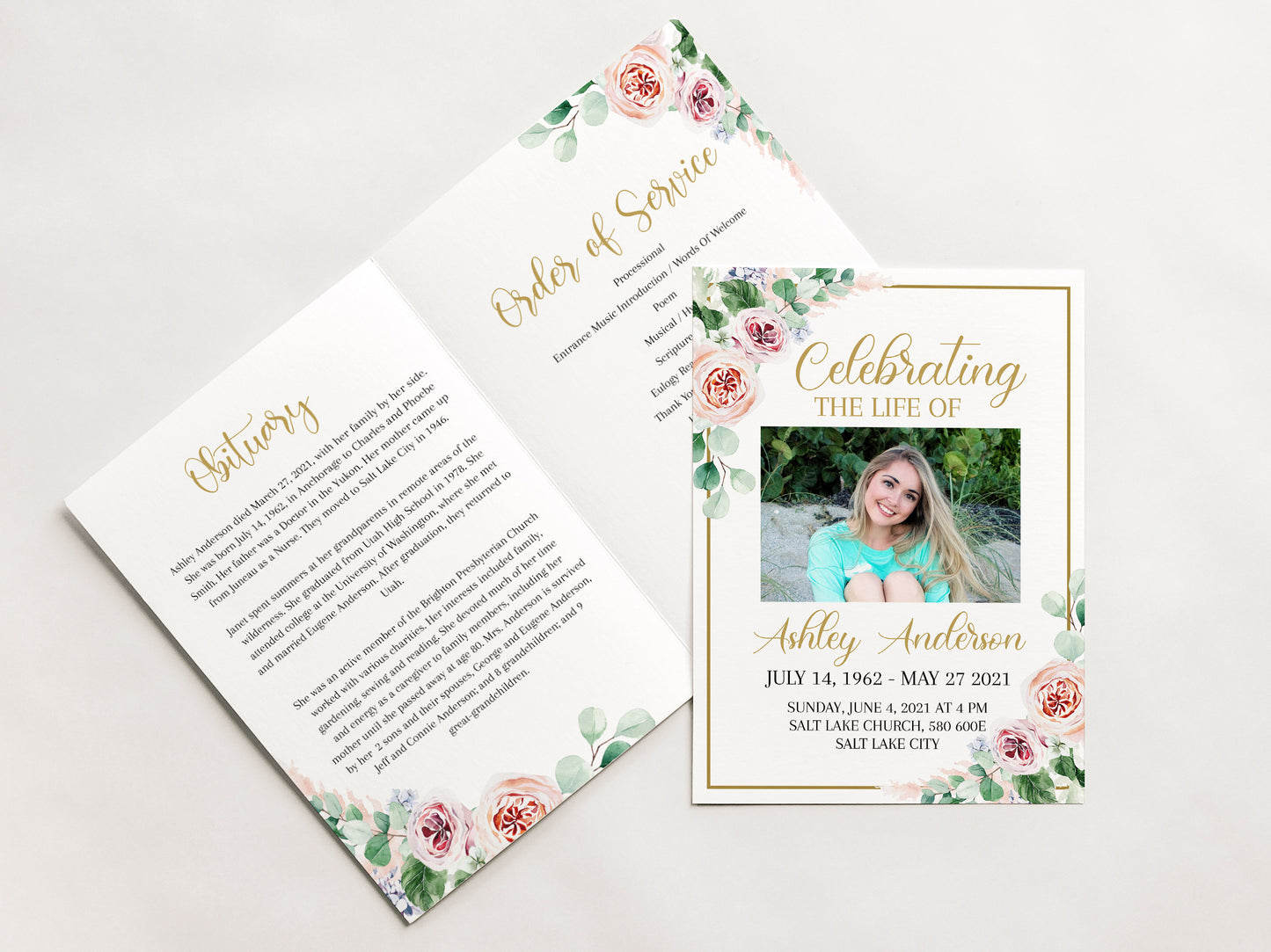 Celebration of life Funeral Program, Blush Pink Roses Greenery Funeral Program Template, Memorial Program, Obituary Program, Funeral Mass Program F1