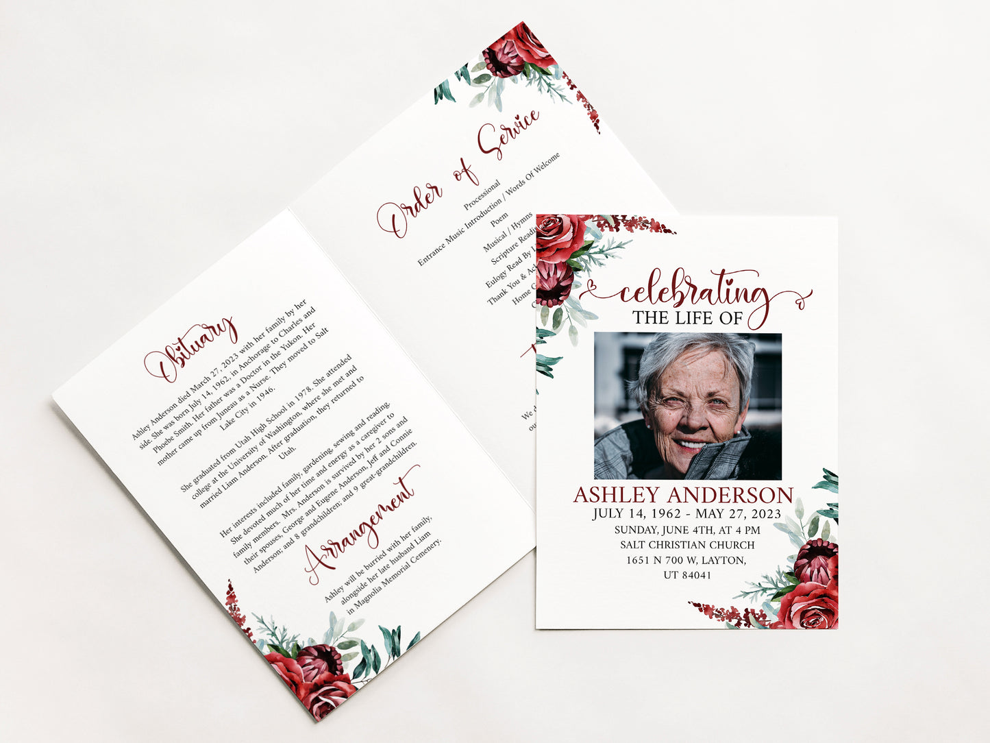 Celebration of Life Funeral Program Template, Red Funeral Brochure, Red Roses Memorial Program, Obituary Program Funeral Program Template R2