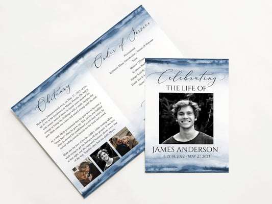 11x17 Celebration of Life Funeral Program Template, Blue Watercolor Funeral Brochure, Blue Memorial Program, Obituary Program for men B4