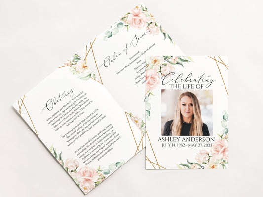 11x17 Celebration of life Funeral Program, Blush Pink Roses Funeral Program Template, Memorial Program, Obituary Program, Funeral Mass Program P4