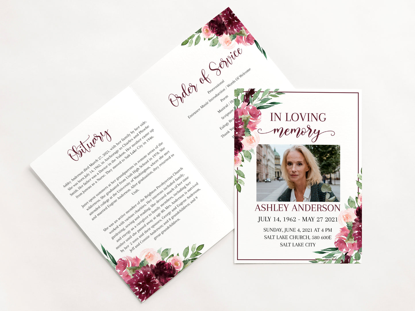 Celebration of life Burgundy Funeral Program Template, Red Roses Funeral Program Template, Red Floral Memorial Program, Obituary Program R3