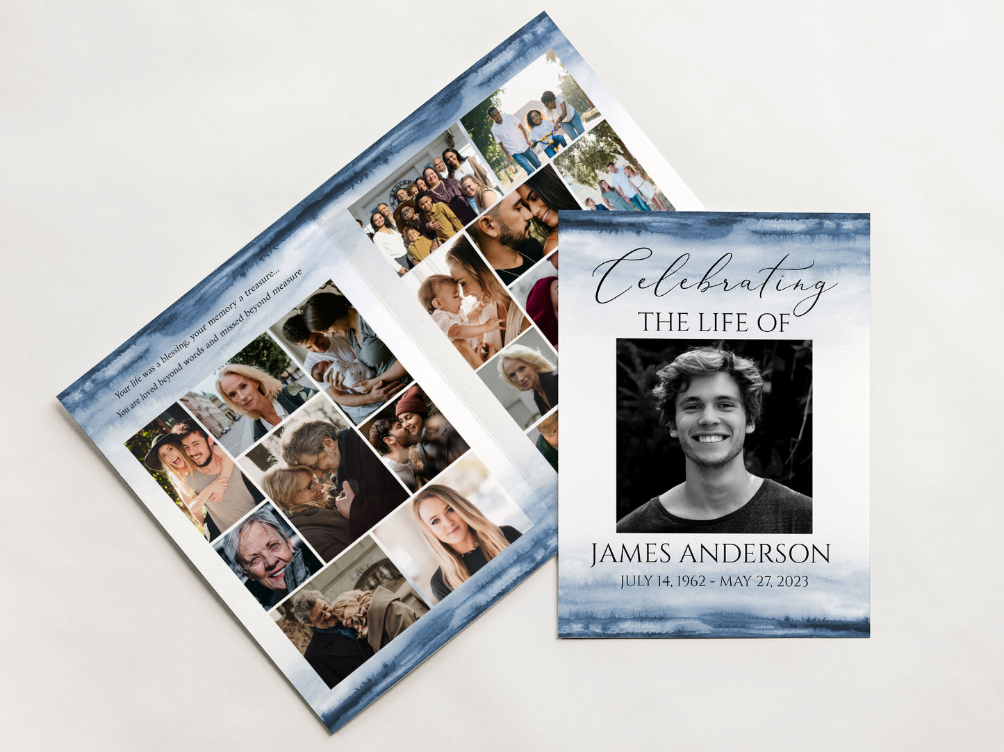 Celebration of Life 8 Page Blue Watercolor Funeral Program Template B4