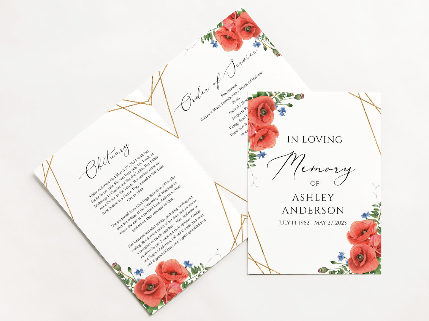 In Loving Memory of Red Poppies Greenery Funeral Program Template, Red Poppies Funeral Program Template, Red Poppies Memorial Program, Obituary Program
