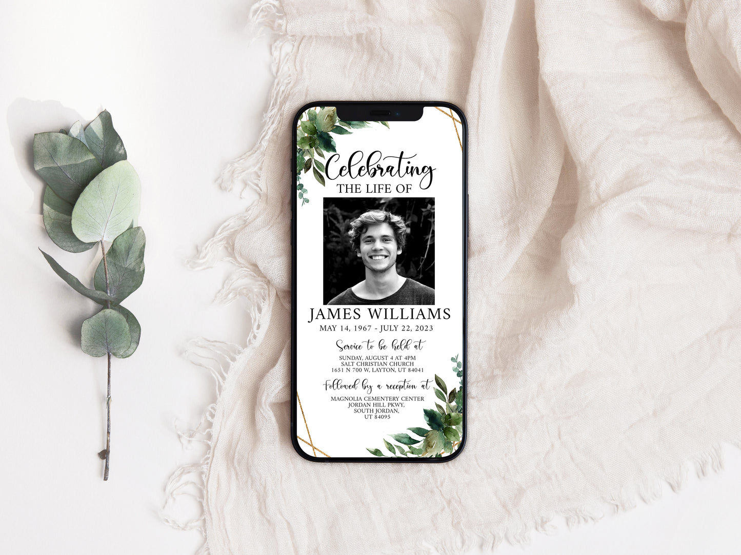 Celebration of life Watercolor Greenery Gold Digital Funeral Invitation Template, Greenery Funeral Announcement, Greenery Memorial Evite, Electronic Greenery Funeral Invite Q1