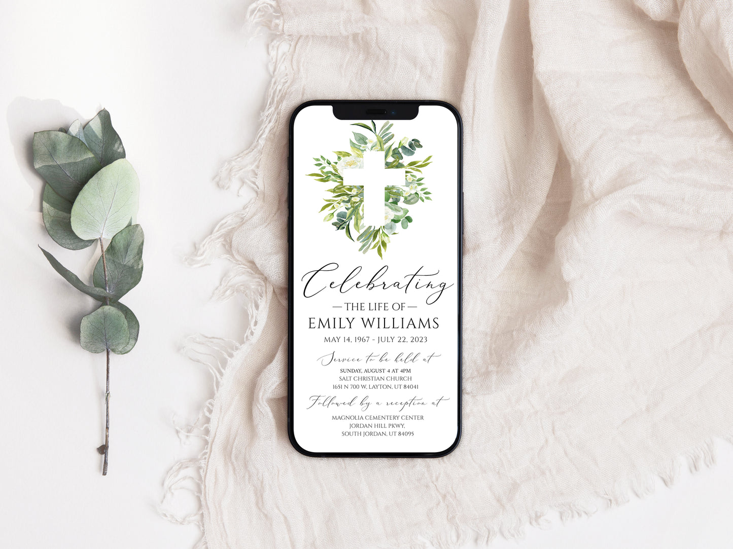 Celebration of life Watercolor Greenery Cross Digital Funeral Invitation Template, Greenery Cross Funeral Announcement, Memorial Evite, Greenery Electronic Funeral