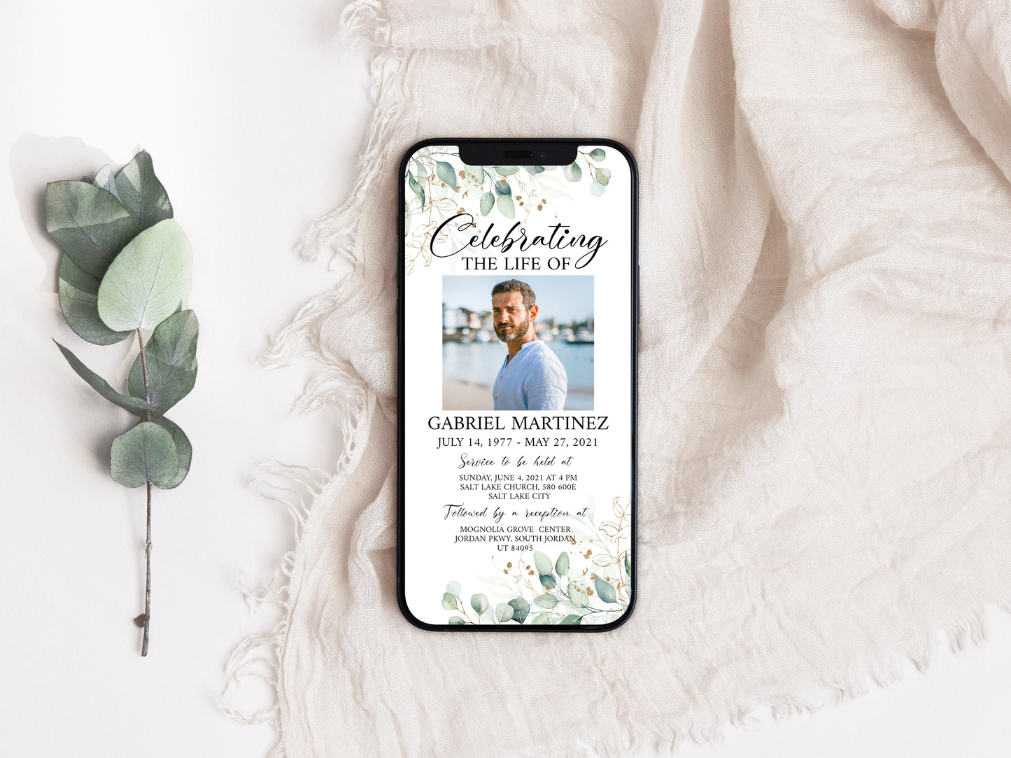 Greenery Funeral Announcement, Greenery Memorial Evite, Electronic Funeral Invite Celebration of life Watercolor Greenery Gold Digital Funeral Invitation TemplateG1
