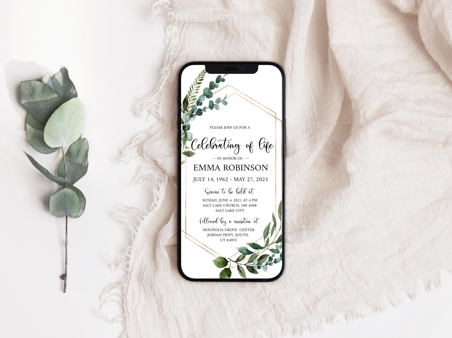 Celebration of life Watercolor Greenery Gold Digital Funeral Invitation Template, Funeral Announcement Electronic Funeral Invite Memorial Service Evite Q1