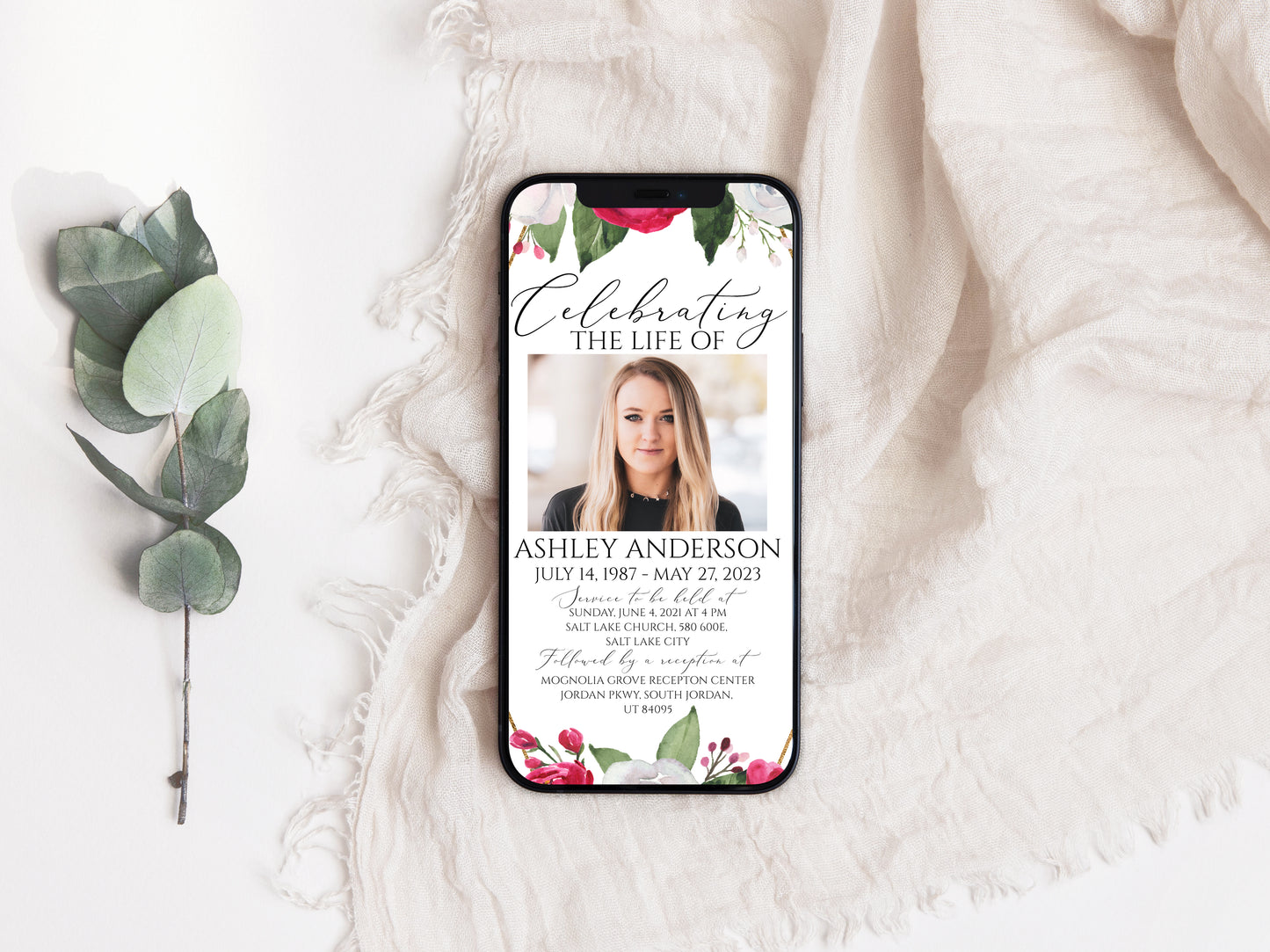 Digital Funeral Invitation, White Pink Roses Funeral, Roses Memorial Evite, Electronic Funeral Invite for women, Memorial Service Invite P2