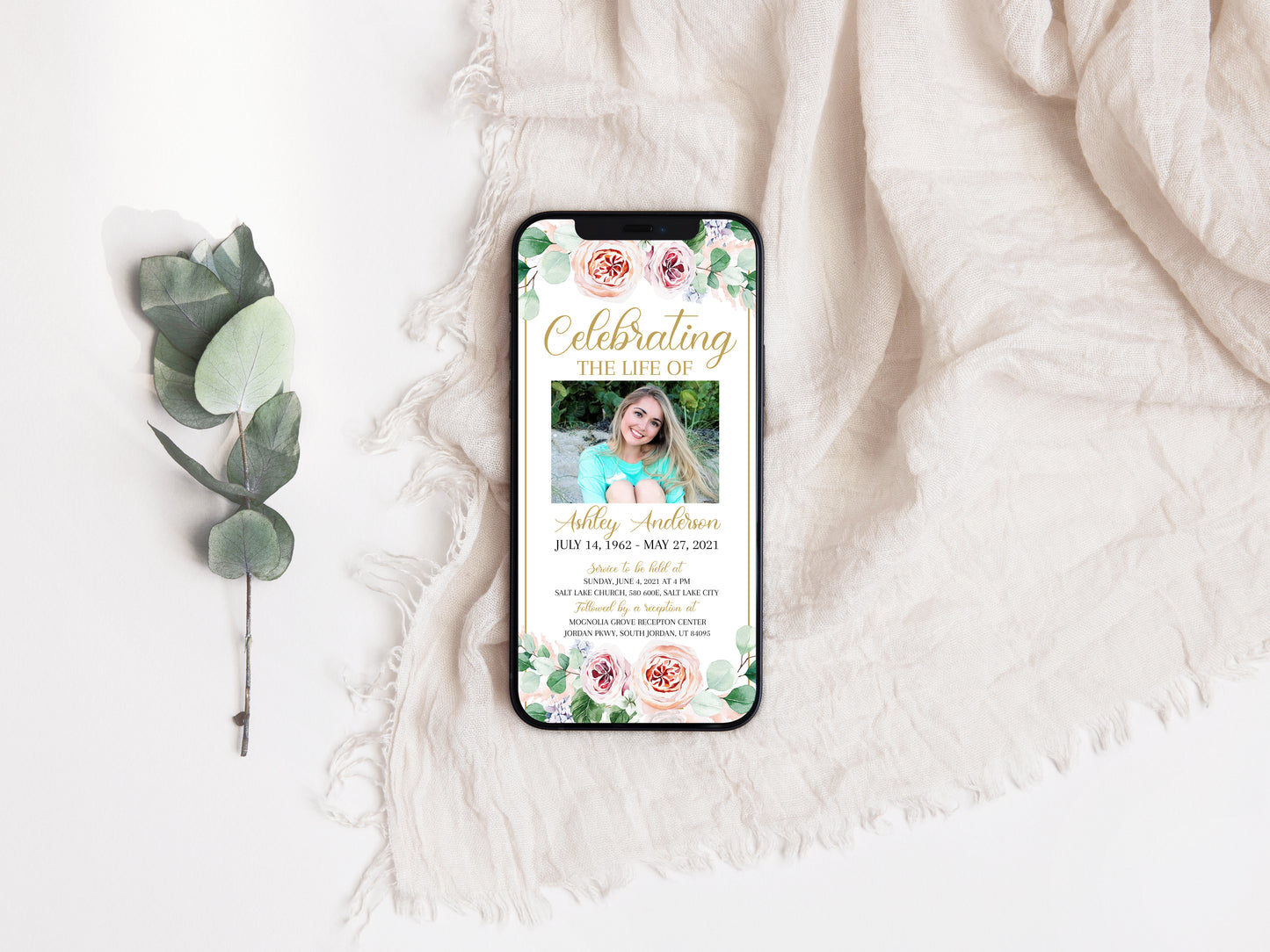 Celebration of life Digital Funeral Invitation, Blush Pink Roses Funeral Evite, Electronic Funeral Invite, Digital Memorial Invitation F1