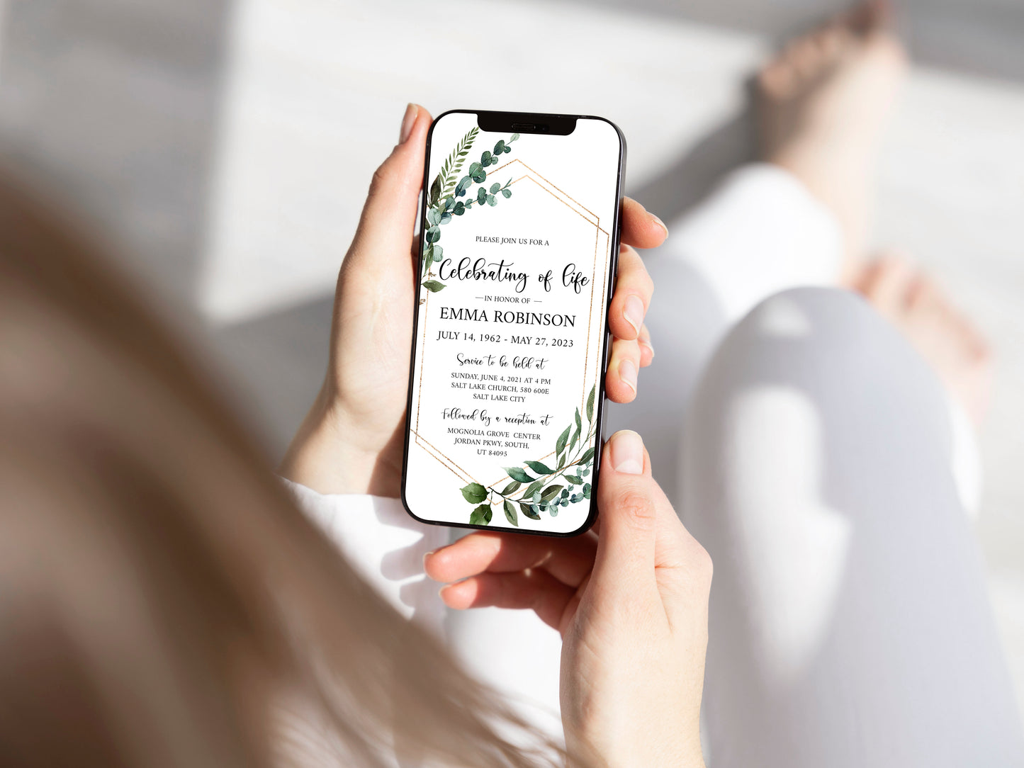 Celebration of life Watercolor Greenery Gold Digital Funeral Invitation Template, Funeral Announcement Electronic Funeral Invite Memorial Service Evite Q1