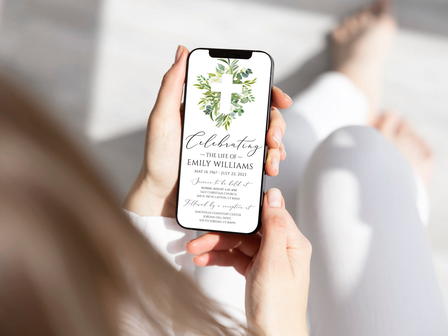 Celebration of life Watercolor Greenery Cross Digital Funeral Invitation Template, Greenery Cross Funeral Announcement, Memorial Evite, Greenery Electronic Funeral