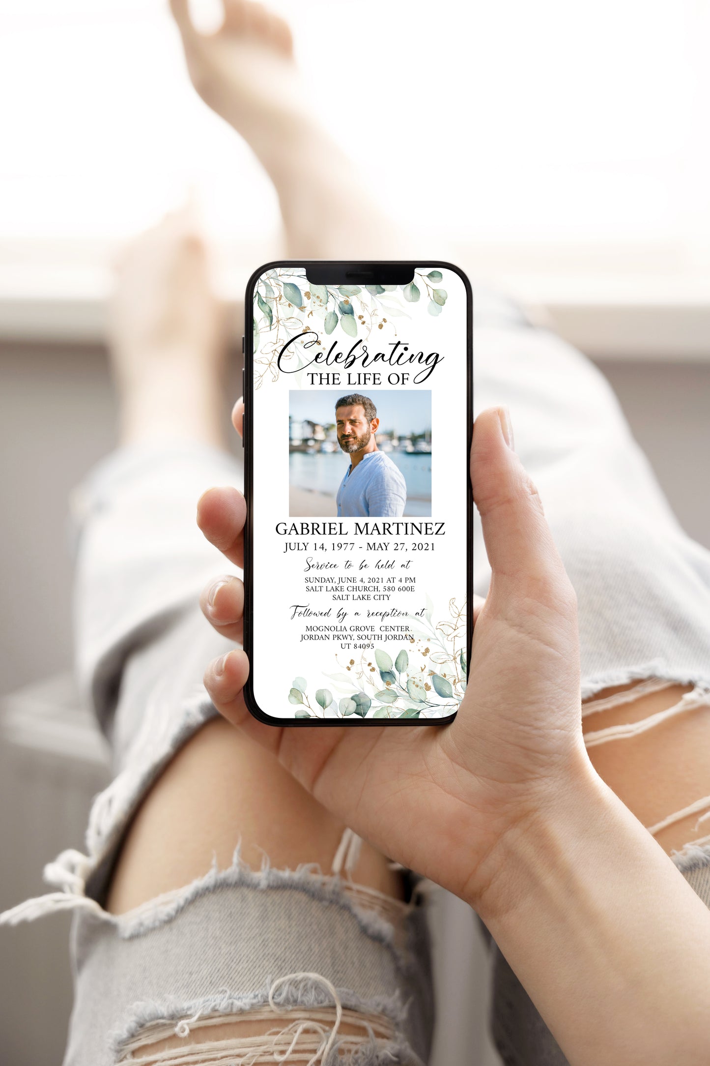 Greenery Funeral Announcement, Greenery Memorial Evite, Electronic Funeral Invite Celebration of life Watercolor Greenery Gold Digital Funeral Invitation TemplateG1