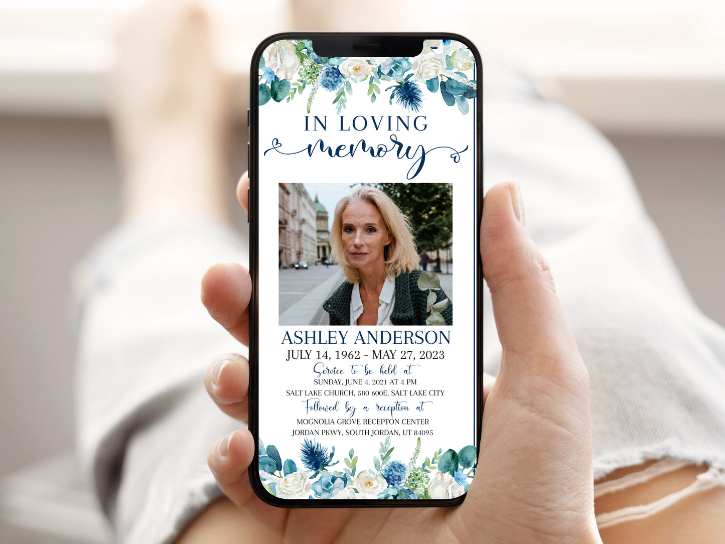 In Loving Memory Blue White Floral Digital Funeral Invitation Template , Blue Digital Funeral Invitation, Blue White Floral Electronic Funeral Invite Template, Blue Memorial Evite B1
