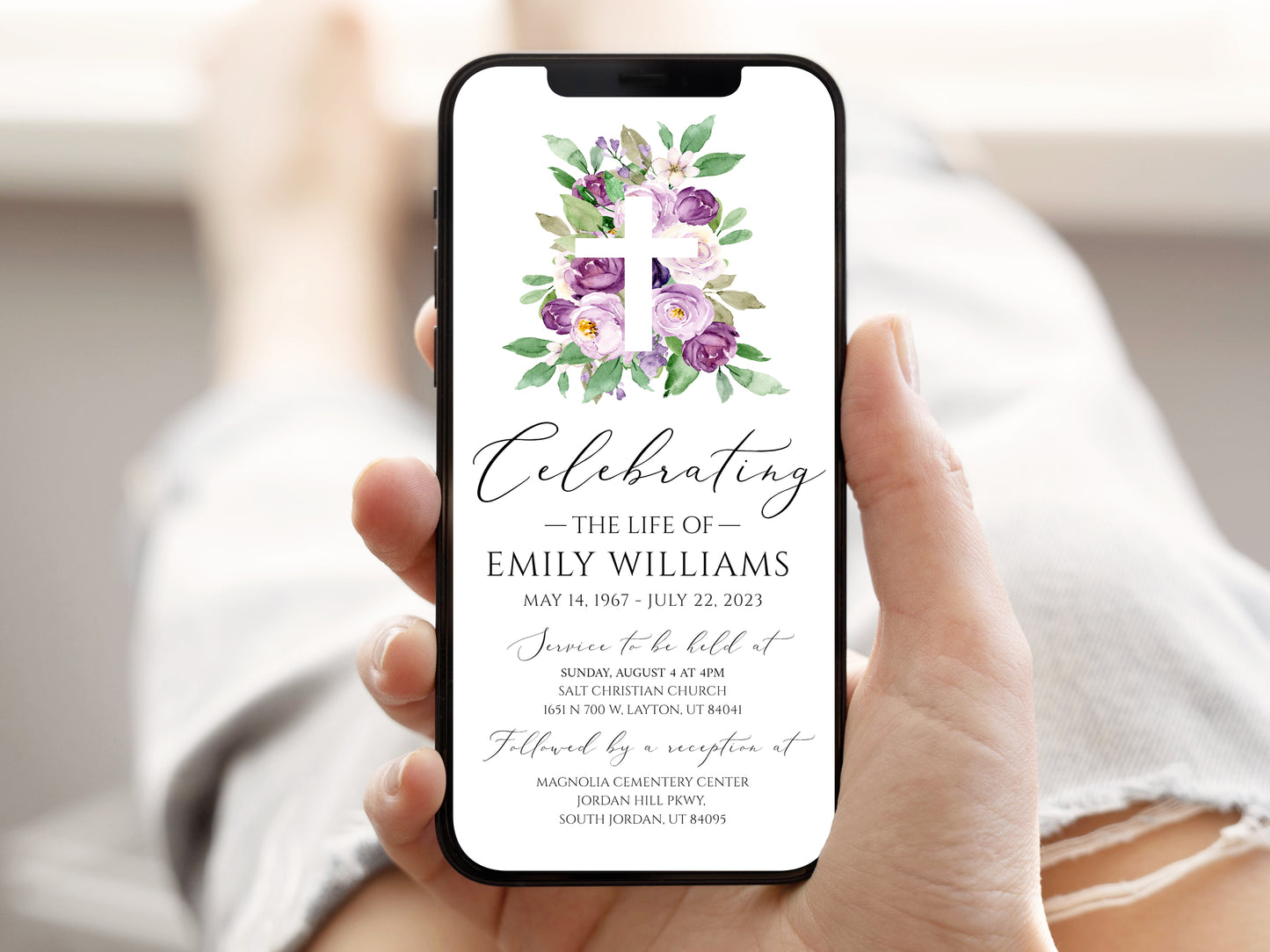 Celebration of life Purple Floral Cross Digital Funeral Invitation Template P1