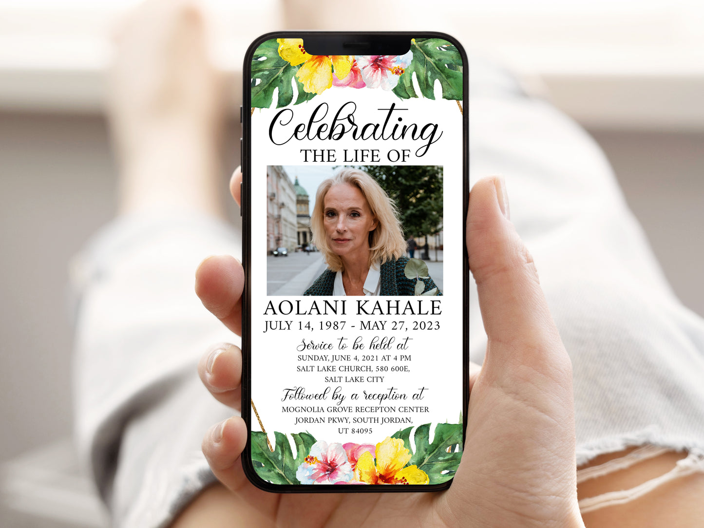 Celebration of life Hawaiian Tropical Plumeria Digital Funeral Invitation Template Hawaiian Funeral Announcement, Memorial Evite, Electronic Funeral Invite, Memorial Service Invitation H1