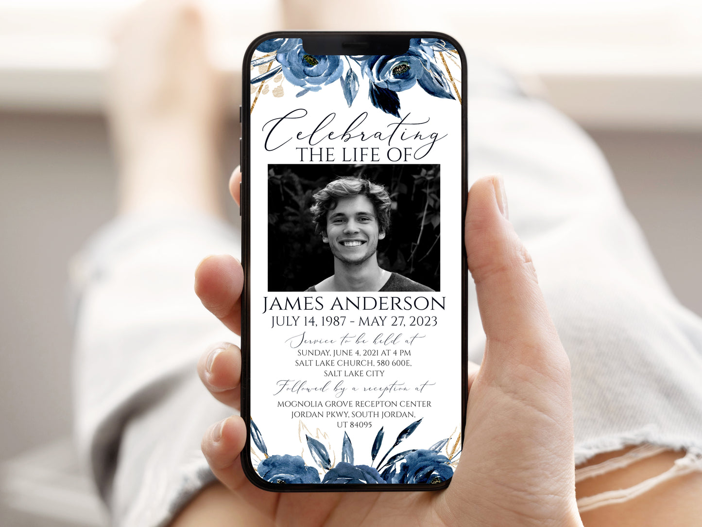 Celebration of life Royal Blue Flowers Gold Digital Funeral Invitation Template, Electronic Blue Funeral Invite, Memorial Service Evite, Funeral Evite, Celebration of life B2