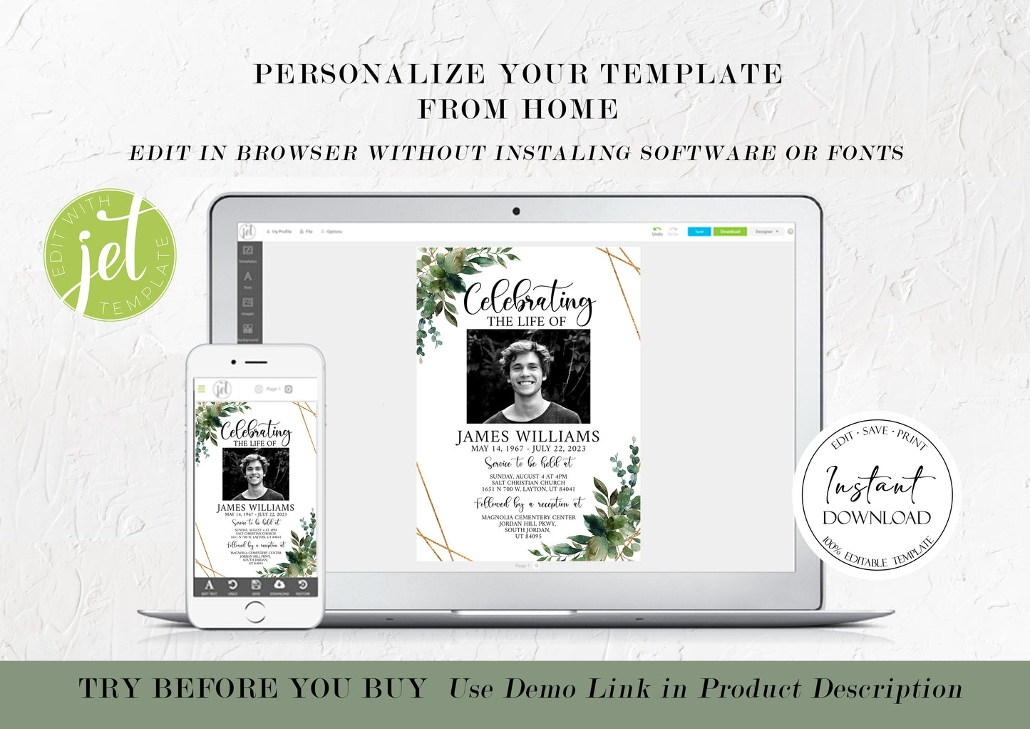 Celebration of life Watercolor Greenery Gold Funeral Invitation Template, Funeral Announcement, Funeral Cards Template, Printable Greenery Memorial Invitation Q1