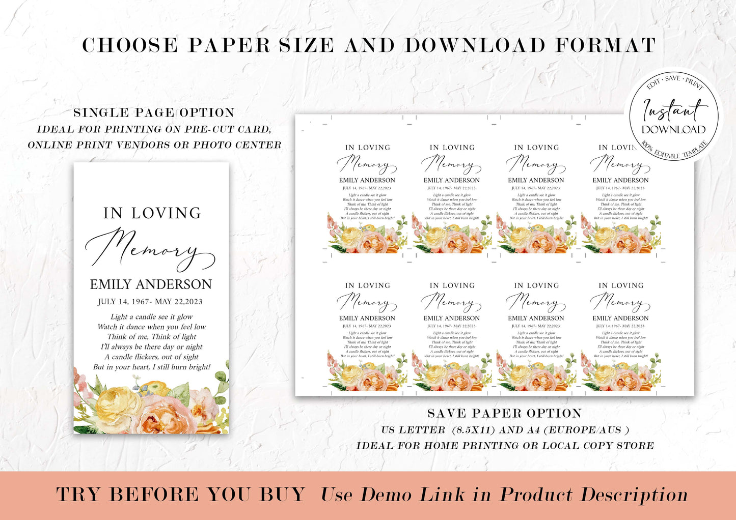 In Loving Memory Elegant Yellow Pink Floral Funeral Favor Tag Template, Floral Memorial Candle Favor Tag, Editable Elegant Yellow Funeral Favors