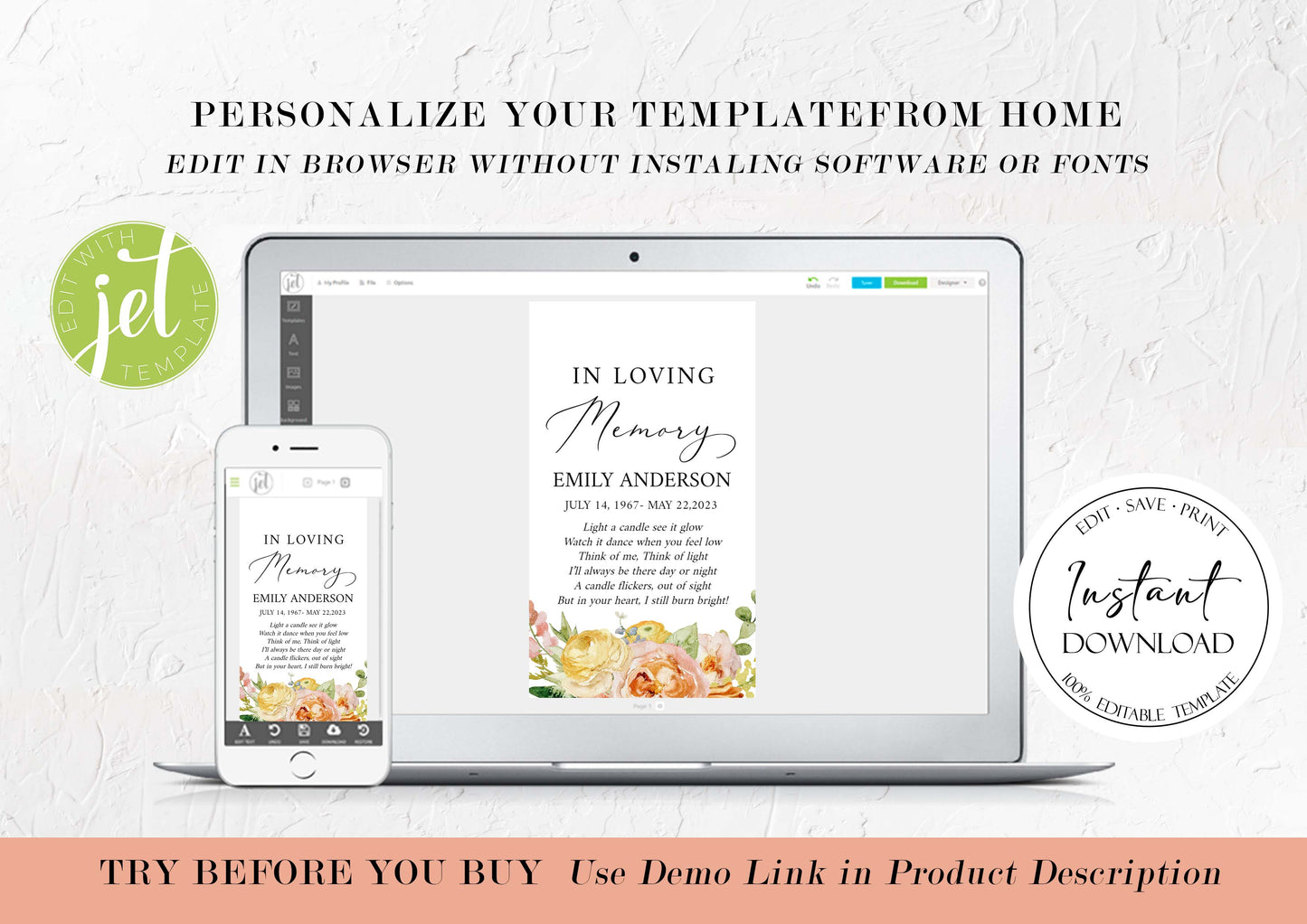 In Loving Memory Elegant Yellow Pink Floral Funeral Favor Tag Template, Floral Memorial Candle Favor Tag, Editable Elegant Yellow Funeral Favors