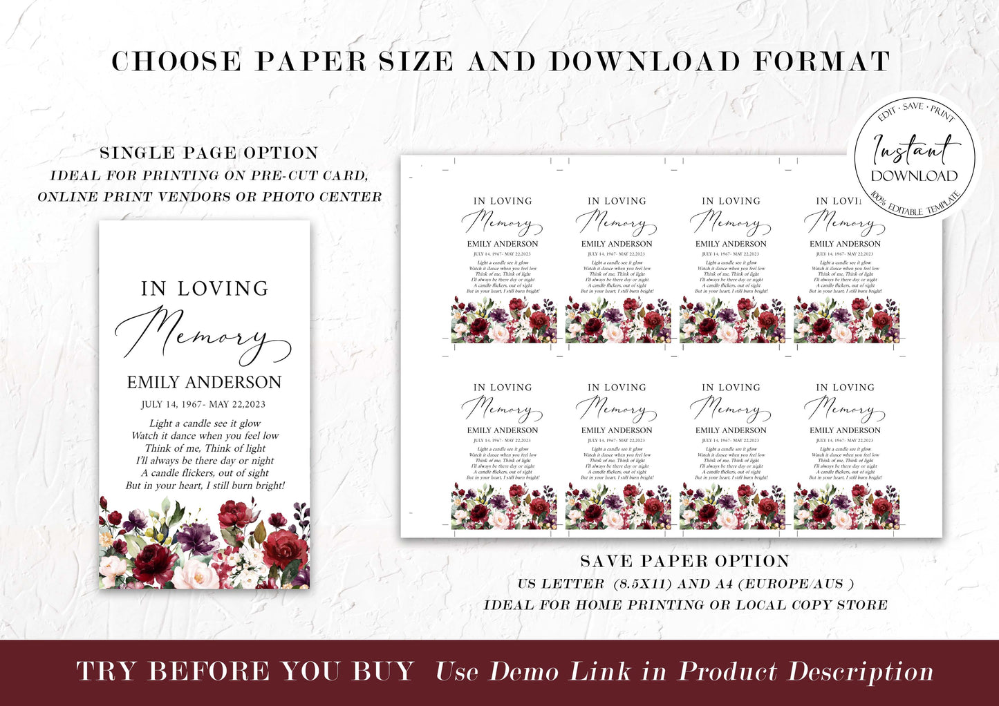 Red Roses Funeral Favor Tag Template, Memorial Candle Favor Tag, Red Roses In Loving Memory Favor Tag, Red Roses Funeral Keepsake Cards R1