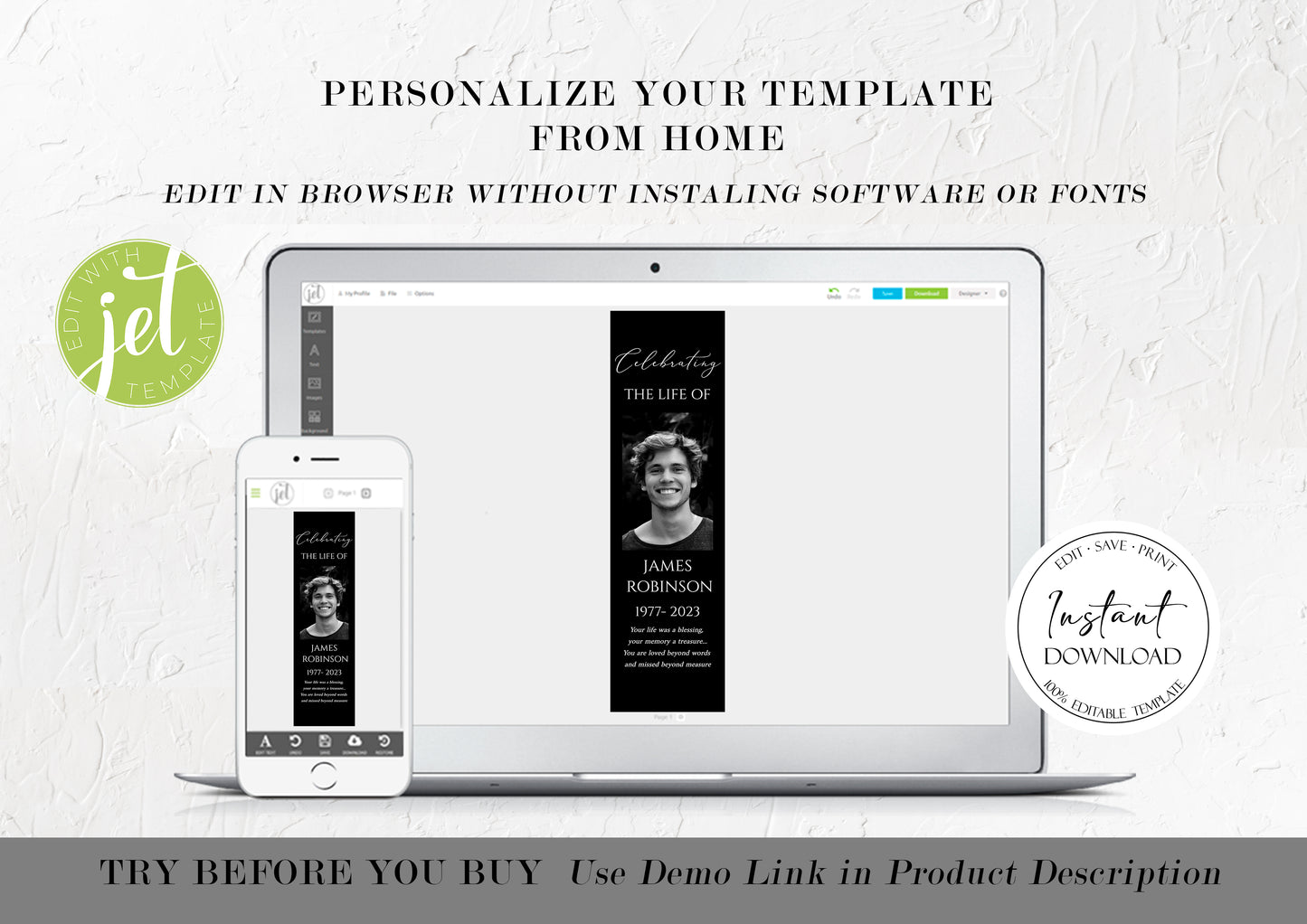 Celebration of Life Minimalist Elegant Black Funeral Bookmark Template, Minimalist Elegant Black Memorial Bookmark Black Obituary Bookmark B4