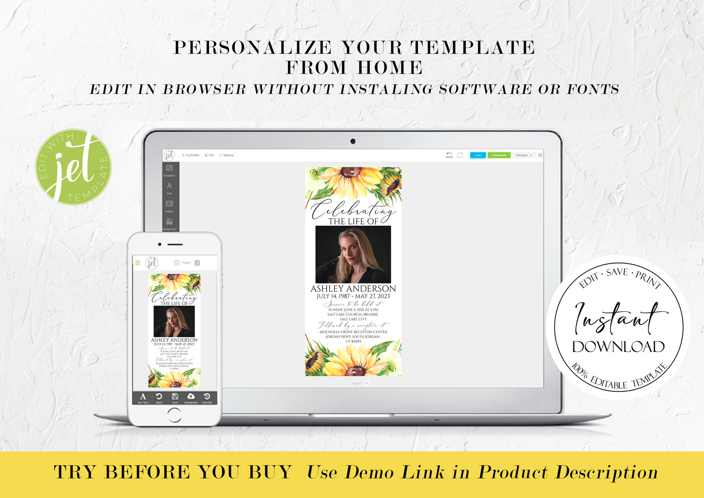 Celebration of life Sunflower Digital Funeral Invitation Template Y1