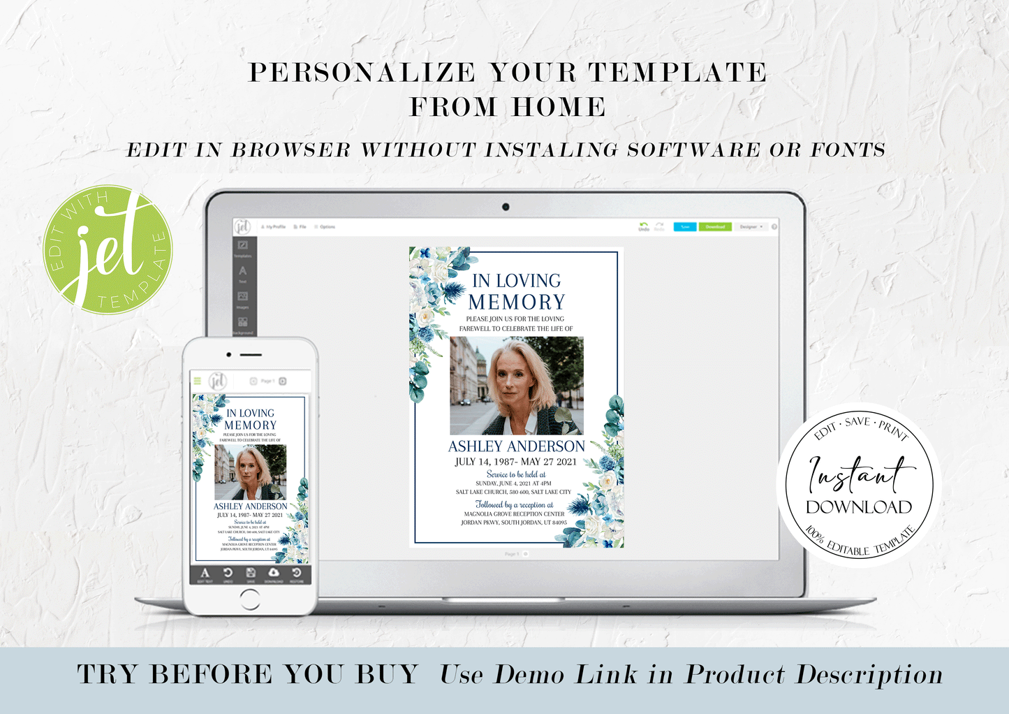 In Loving Memory Blue White Floral Funeral Invitation Template Blue Floral Funeral Announcement, Blue Funeral Card Template, Printable Memorial Service B1